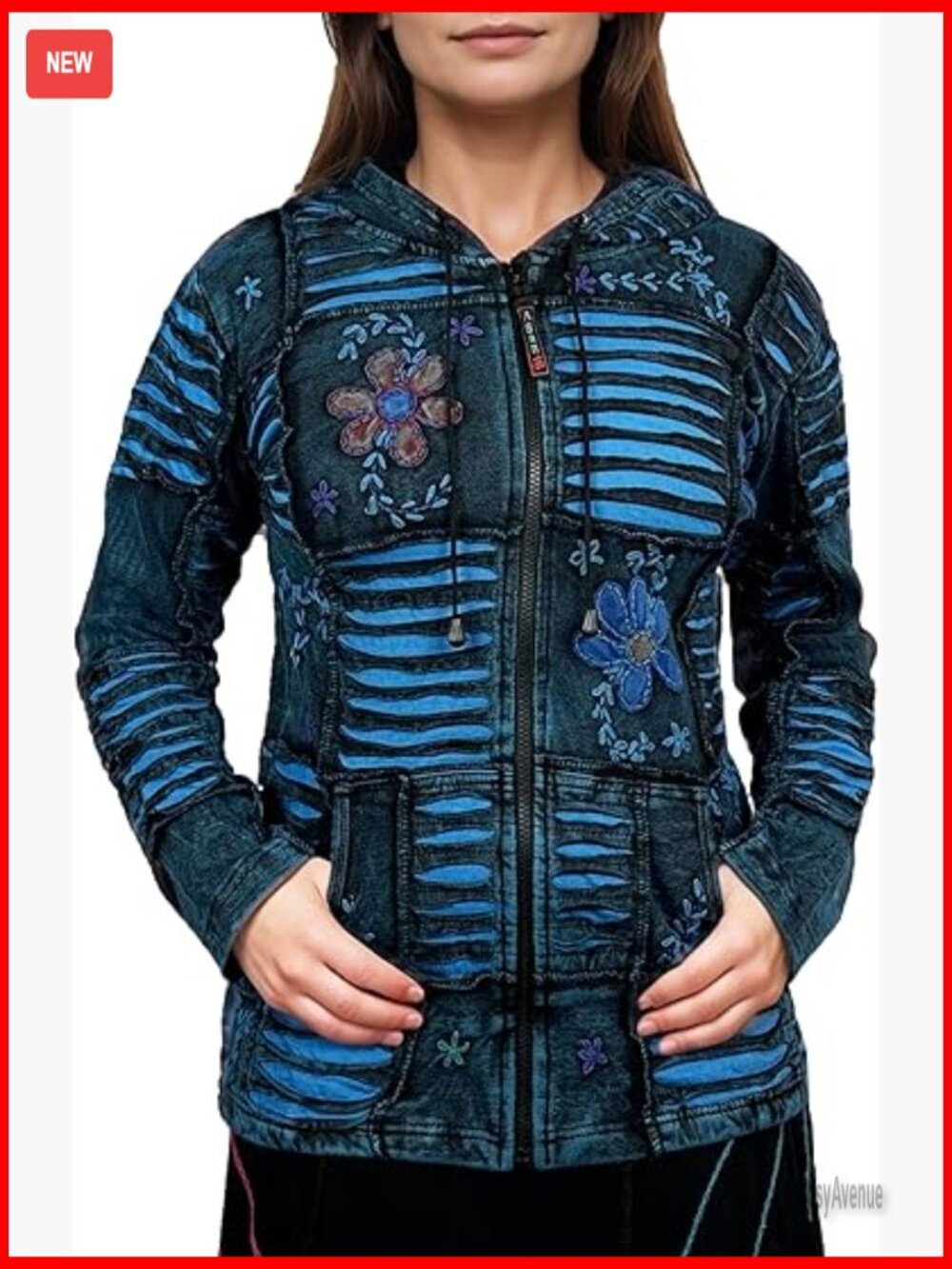 Embroidered Zip Up Hoodie with Tie-Dye Patches - Boho Women's Jacket
